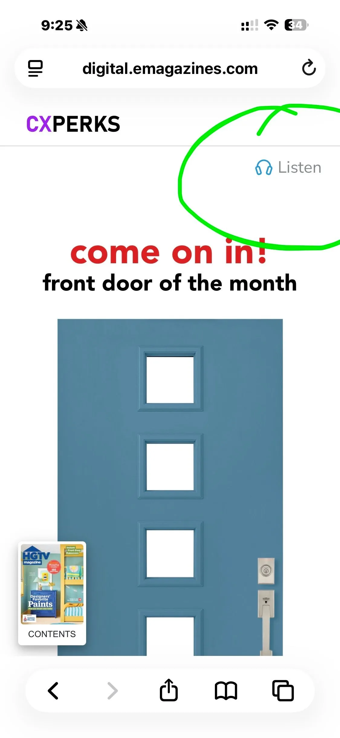 CXperks article view showing a visible Listen control near the top of an article about a blue front door