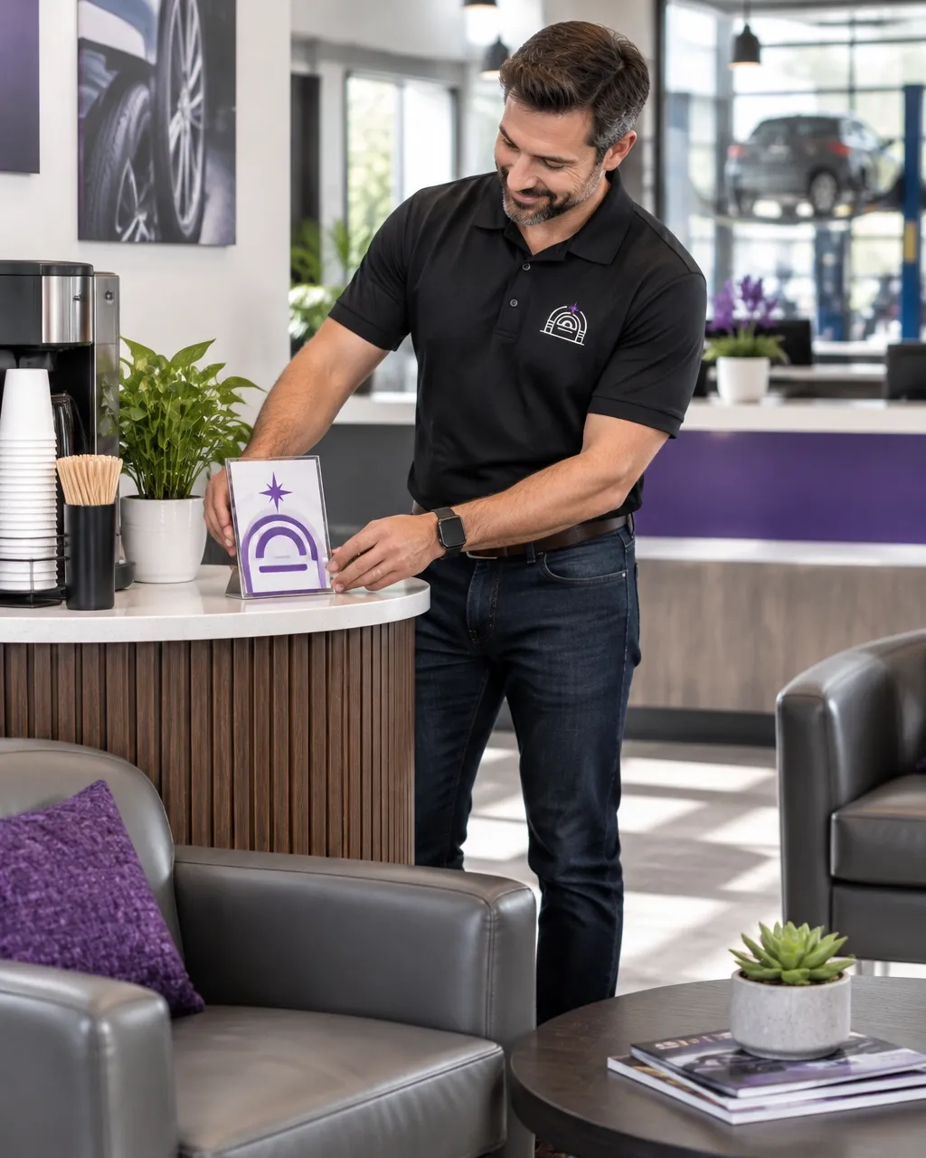 Business owner placing a CXperks display on the counter in a waiting area.