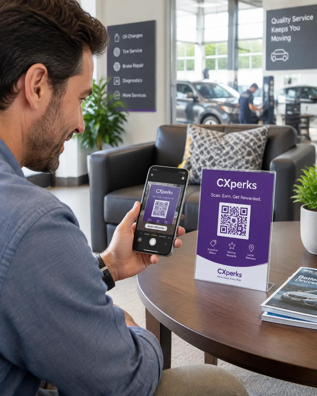 Business owner scanning the CXperks QR display with his phone in a waiting lounge.