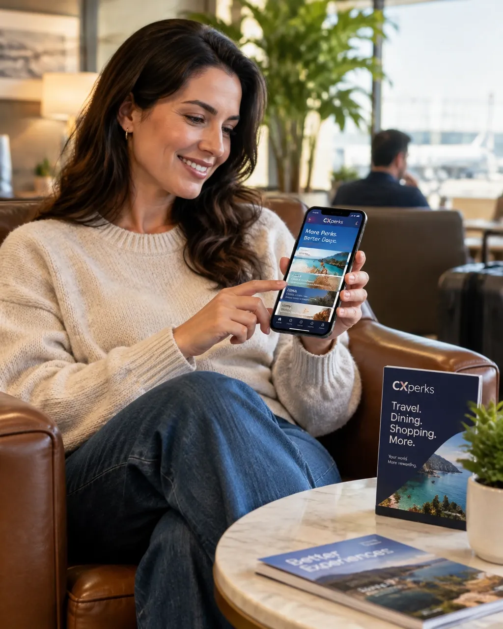 Customer relaxing in a waiting lounge and enjoying CXperks on her phone.
